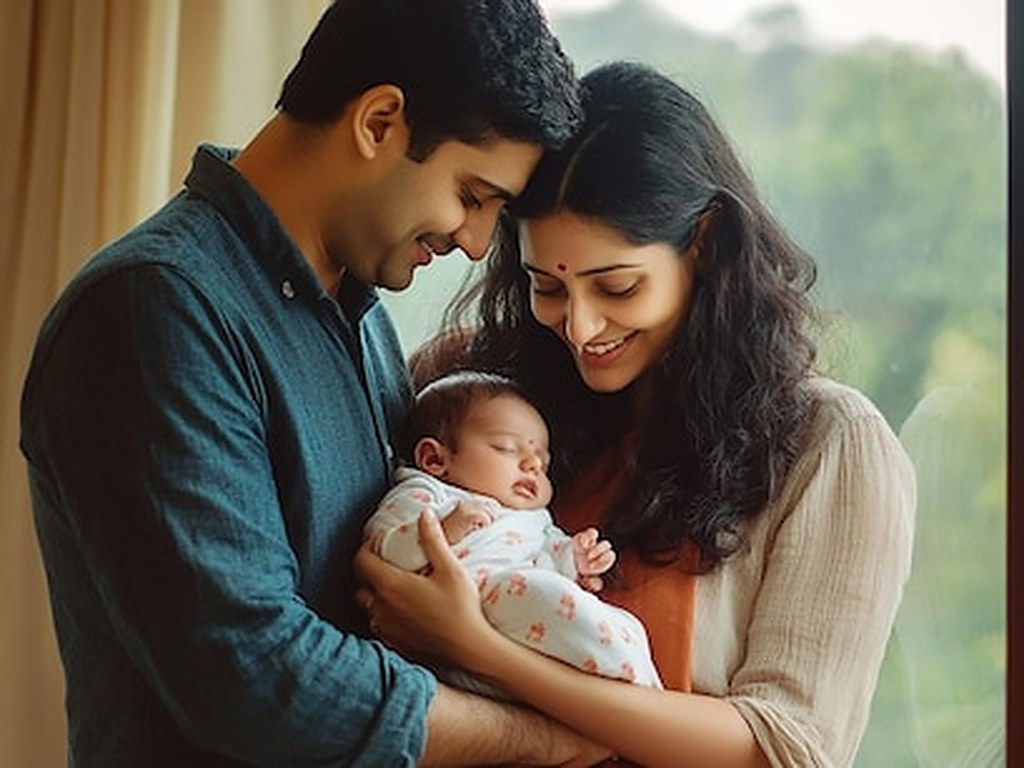 A smiling Indian couple holding their newborn baby